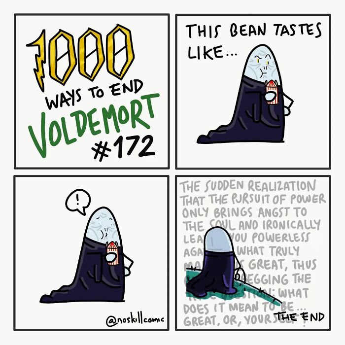 Comic panel from Harry Potter comics by No Skill Comic showing a humorous take on 1,000 ways to defeat Voldemort.
