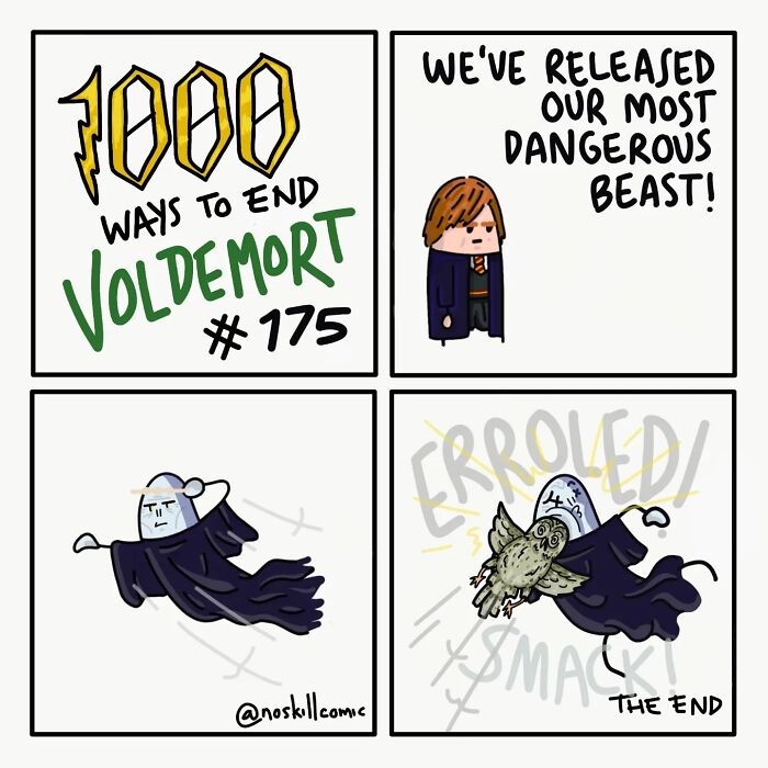 Comic panels from Harry Potter comics showing a plan to defeat Voldemort with a dangerous released beast and humor.