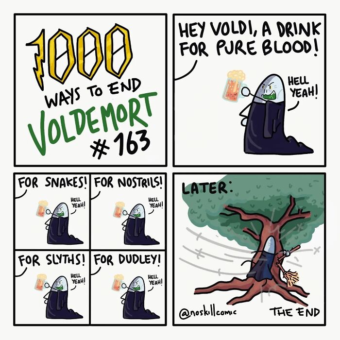 Comic panels from Harry Potter comics showing a humorous way to defeat Voldemort by offering drinks to various characters.