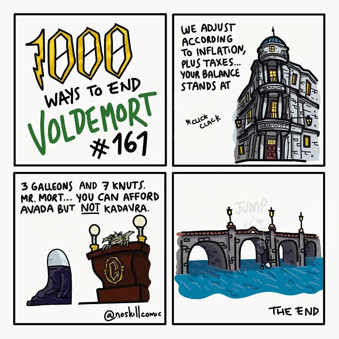 Comic strip from Harry Potter comics by No Skill Comic showing a humorous way to defeat Voldemort with limited wizarding money.