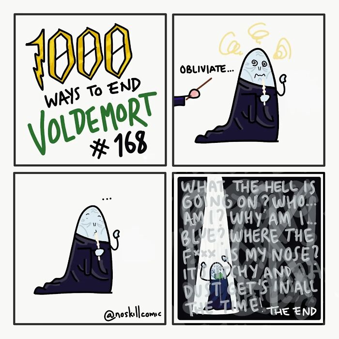 Comic strip from Harry Potter comics by No Skill Comic showing a humorous way to defeat Voldemort using Obliviate spell.