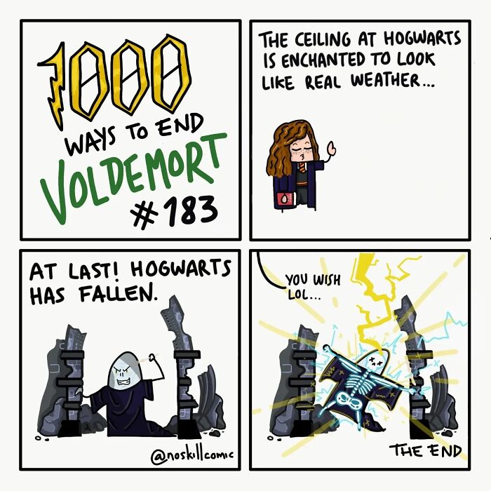 Comic panels showing a humorous Harry Potter scene from 1000 ways to end Voldemort by No Skill Comic.