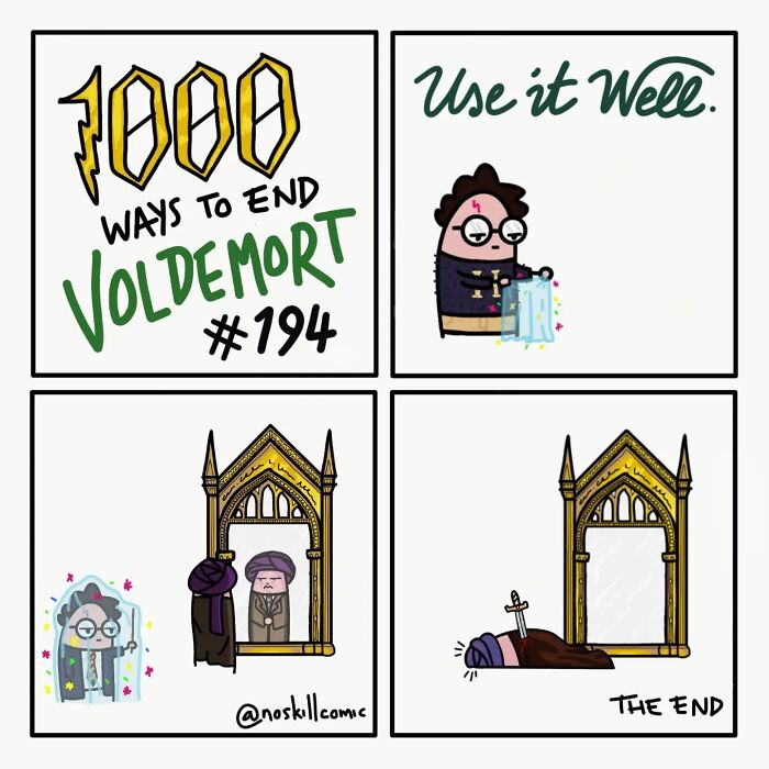 Comic panel from Harry Potter comics by No Skill Comic showing a humorous way to defeat Voldemort using the mirror.