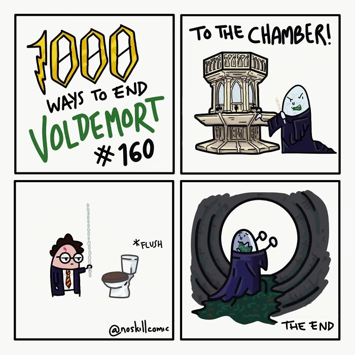 Comic strip illustrating one of 1000 ways to defeat Voldemort with humor, featuring Harry Potter and the Chamber.