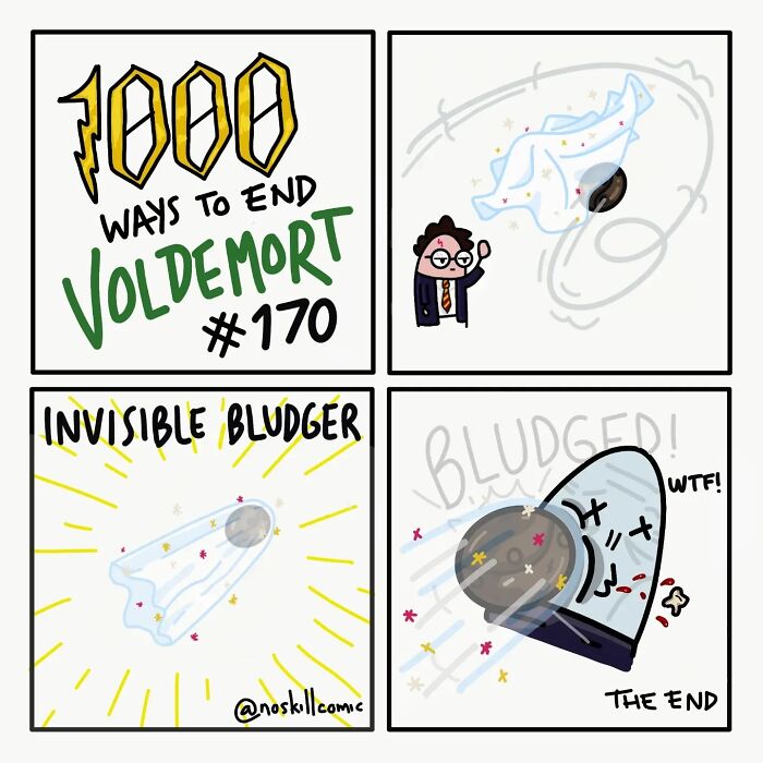Comic panels showing a Harry Potter character using an invisible bludger as one of the 1,000 ways to defeat Voldemort.