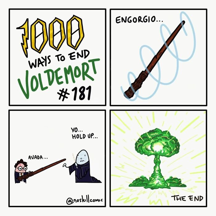 Comic panels from a Harry Potter comic showing a wand spell creating an unexpected explosive end to Voldemort.