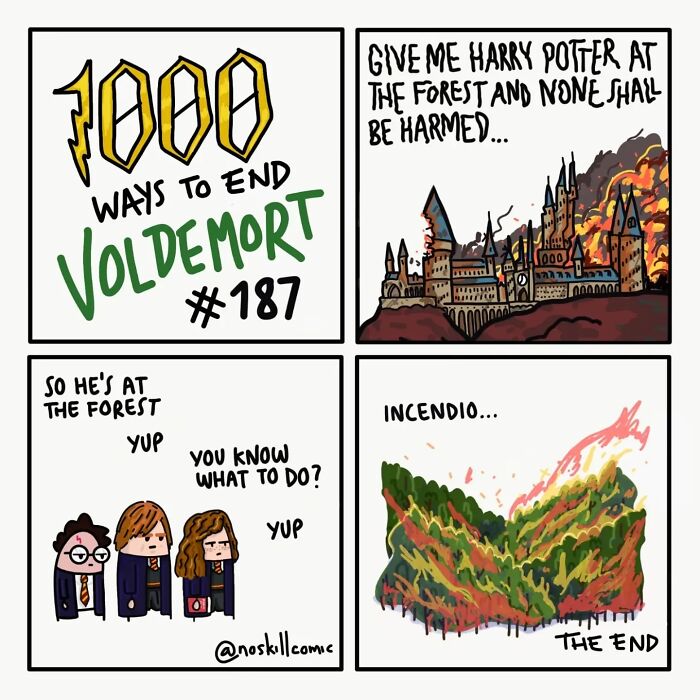 Comic panels showing a Harry Potter scene with characters discussing ways to defeat Voldemort using magic in a forest setting.