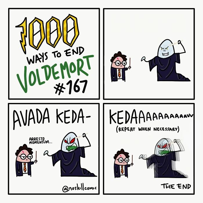 Comic showing Harry Potter using a spell to defeat Voldemort, part of Harry Potter comics by No Skill Comic series.