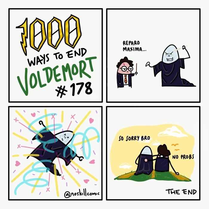 Comic panels from Harry Potter comics by No Skill Comic showing a spell used to defeat Voldemort in a humorous style.