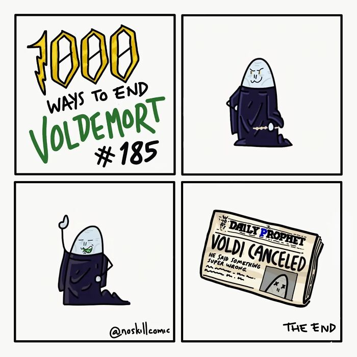 Comic strip from 68 Harry Potter comics by No Skill Comic showing a humorous way to defeat Voldemort.
