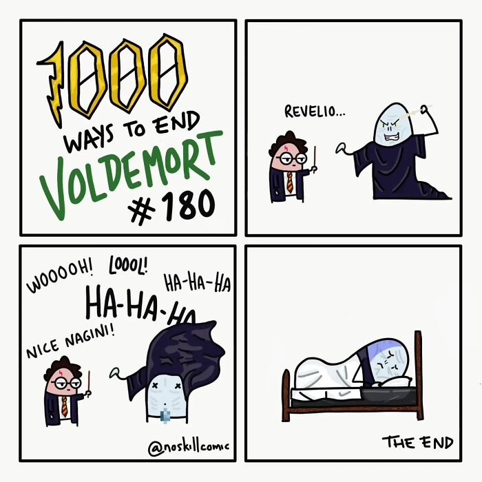 Comic strip showing a Harry Potter character using a spell to defeat Voldemort in a humorous way, Harry Potter comics.