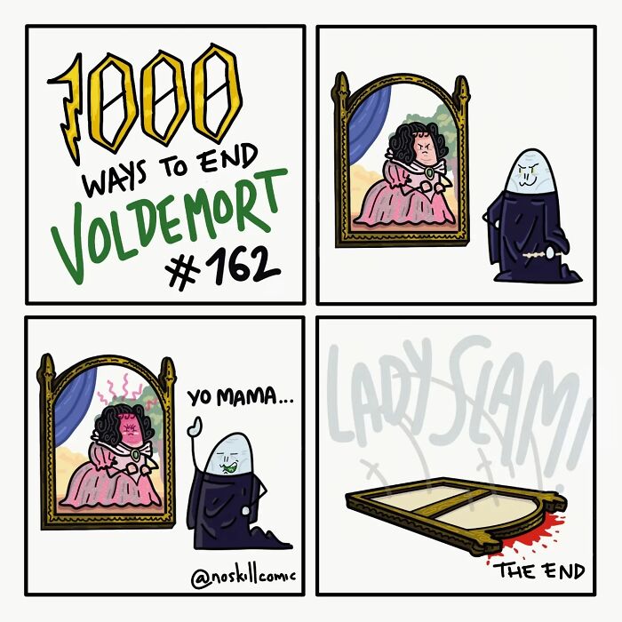 Comic panel from Harry Potter series showing a creative way to defeat Voldemort with a magical mirror prank.