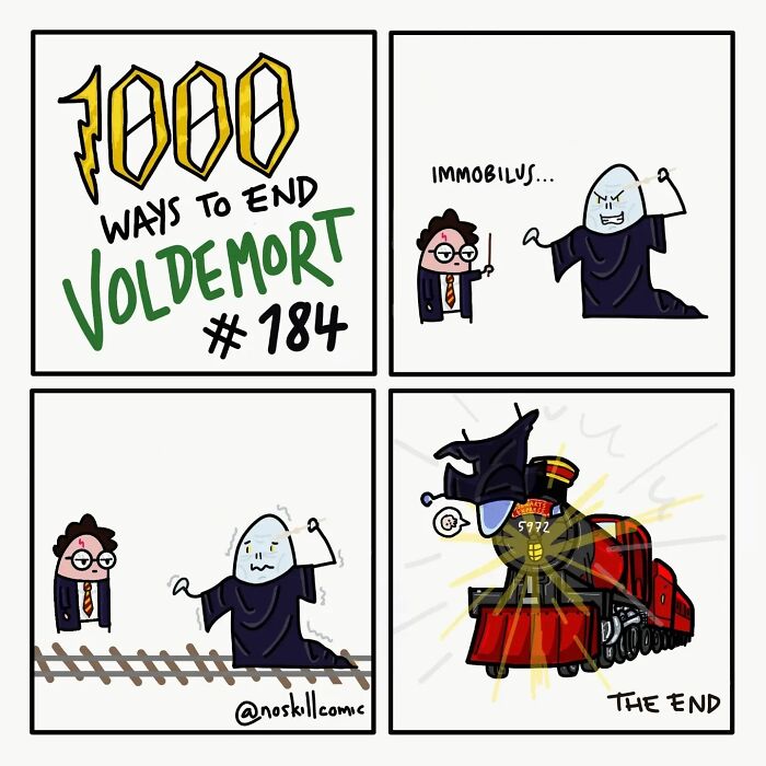 Comic strip showing one of 1,000 Harry Potter comics depicting a humorous way to defeat Voldemort with a train.