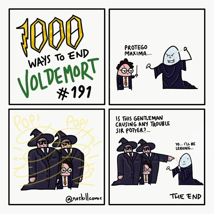 Comic strip showing 1000 ways to defeat Voldemort with Harry Potter using spells and agents intervening.