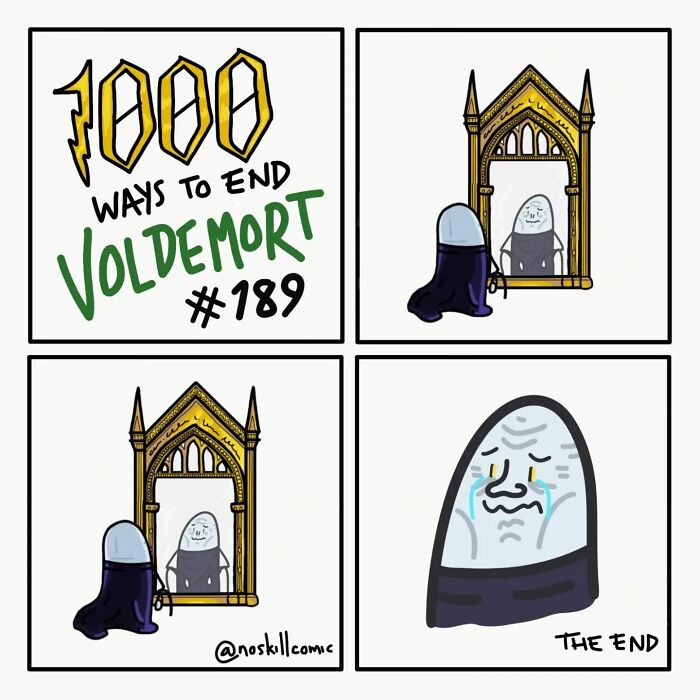 Comic panel titled 1000 ways to end Voldemort showing a sad Voldemort looking into a mirror crying.