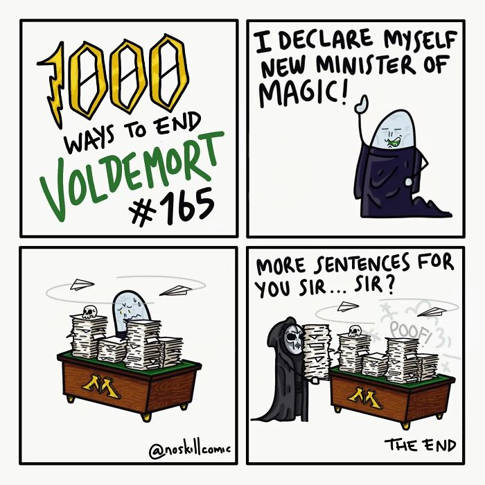 Comic panels from Harry Potter comics by No Skill Comic showing humorous ways to defeat Voldemort with paper sentences.