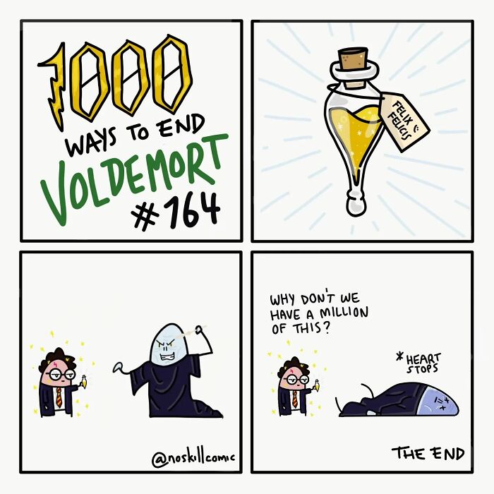 Comic panels showing a Harry Potter character defeating Voldemort using a Felix Felicis potion in a humorous Harry Potter comic.