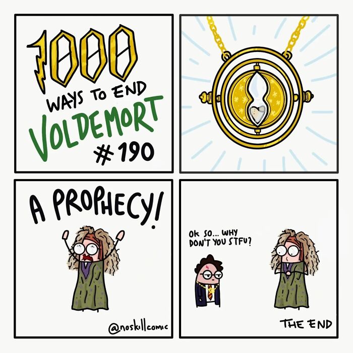 Comic panels showing a humorous Harry Potter scene with a prophecy and a magical time-turner, about ways to defeat Voldemort.