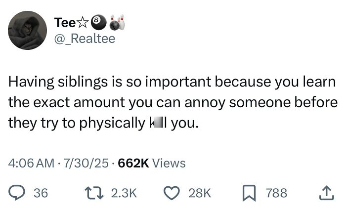 Screenshot of a hilarious tweet about siblings showing the kind of humor found in funny July tweets that slapped hard.
