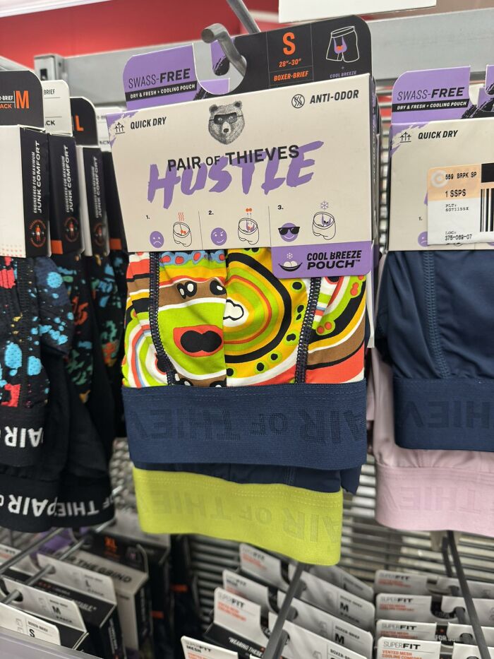 Colorful underwear with face-like patterns on display in a store, illustrating random objects that look like faces.
