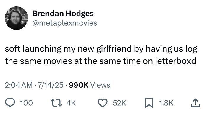 Tweet by Brendan Hodges humorously describing syncing movie logs with his girlfriend, illustrating relatable hilarious tweets from July.