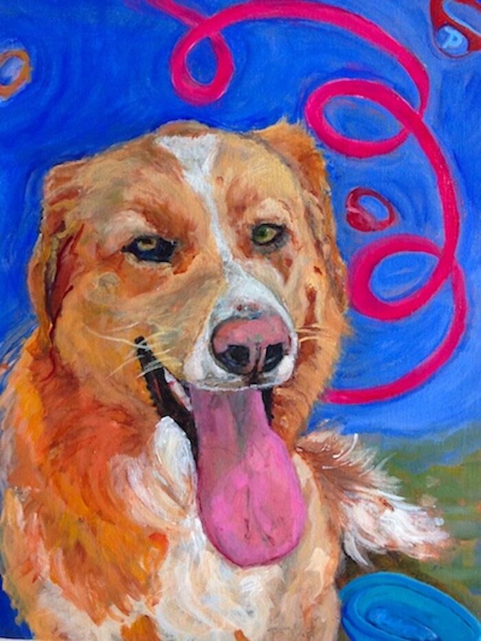 Colorful pet portrait painting of a happy dog with tongue out, showcasing detailed brushwork and vibrant background swirls.