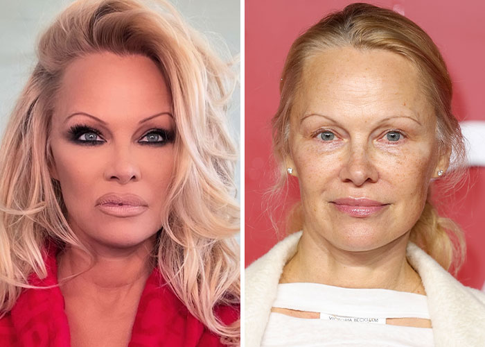 Side-by-side photos of a female celebrity with and without makeup, highlighting natural beauty seen without professional lighting or cameras.