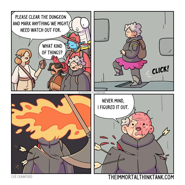 Comic panels showing a fantasy gaming scene where parenting humor blends with dungeon exploration and character mishaps.