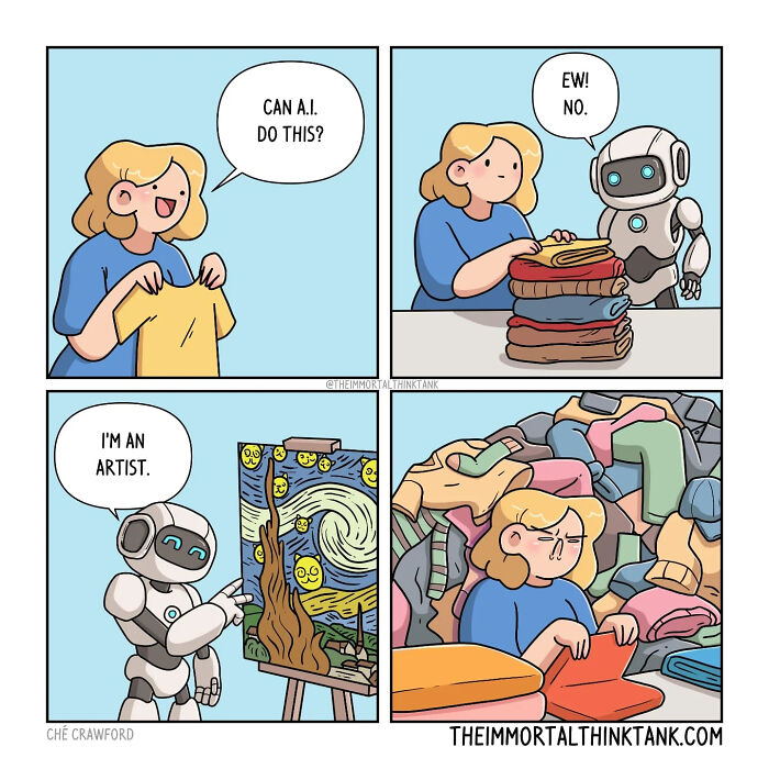 Comic panels showing parenting and fantasy gaming themes with a robot and artist discussing AI's role in art and chores.