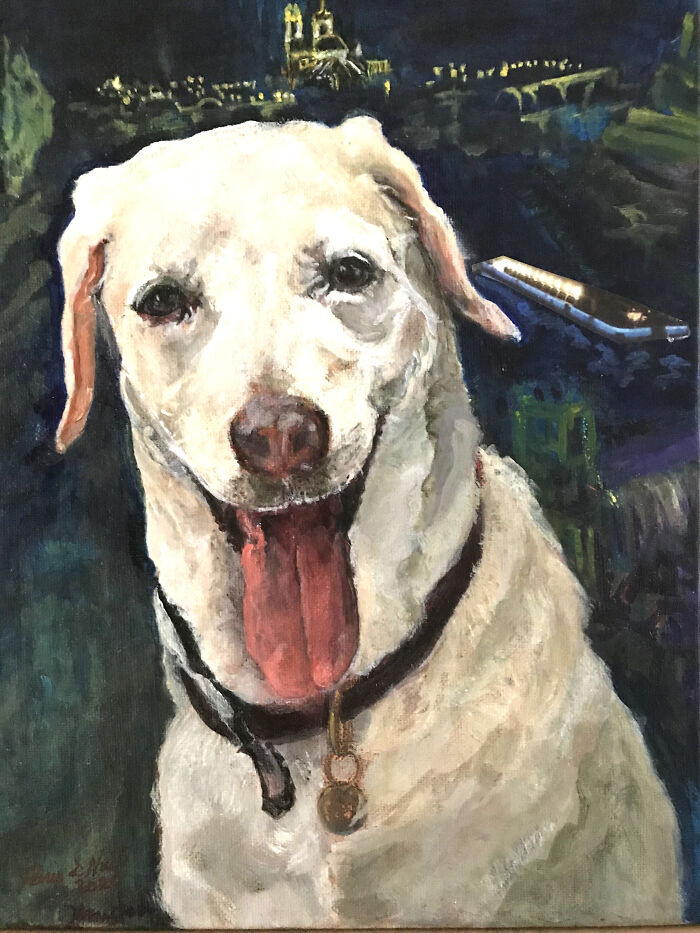 Painting of a smiling dog as a pet portrait, showcasing detailed brushwork in a 12 by 12 inch artwork.