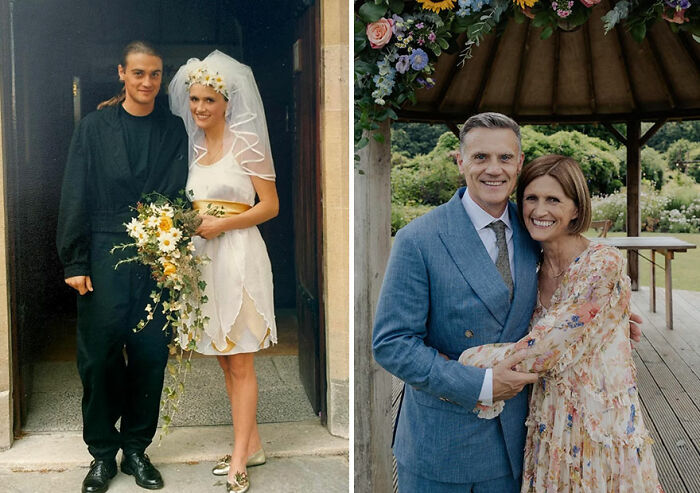 Side-by-side nostalgic then-and-now photos of a couple showing how time flies with happy memories.