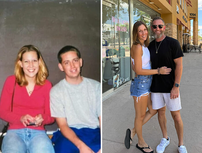 Side-by-side nostalgic then-and-now photos of a couple showcasing how time flies and changes in appearance.