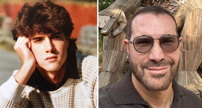 Side-by-side nostalgic then-and-now photos of a man highlighting how time flies and changes appearance.