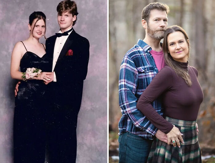 Then-and-now nostalgic photo of a couple showcasing how time flies with a formal prom picture and a recent outdoor portrait.