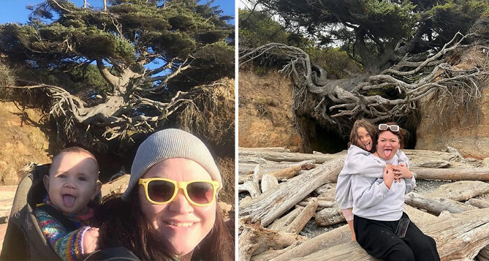 Side-by-side then-and-now photos of a mother and child showcasing nostalgic moments under a large tree by the beach.
