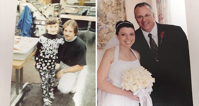 Side-by-side then and now photos showing nostalgic moments and how time flies for a father and daughter.