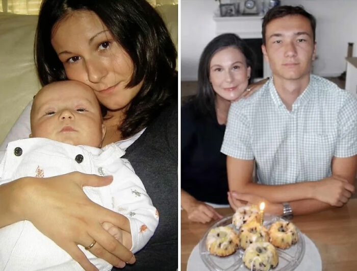 Side-by-side then-and-now photo showing a mother with her baby and years later with her grown son, illustrating nostalgic time flies moments.