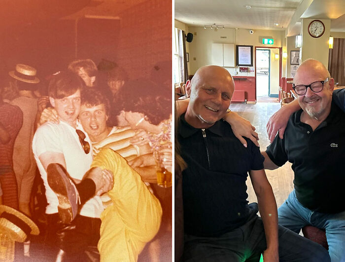 Side-by-side then and now photos of two friends showing nostalgic moments and how time flies over the years.