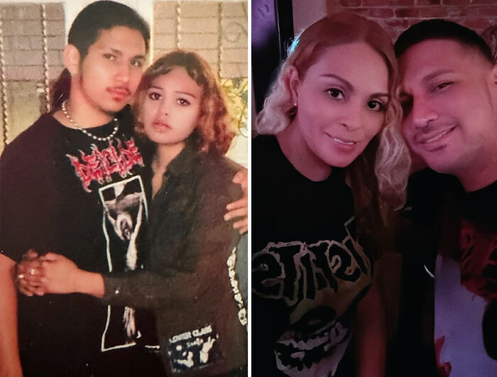 Side-by-side nostalgic then-and-now photos of a couple showcasing how time flies and memories change.