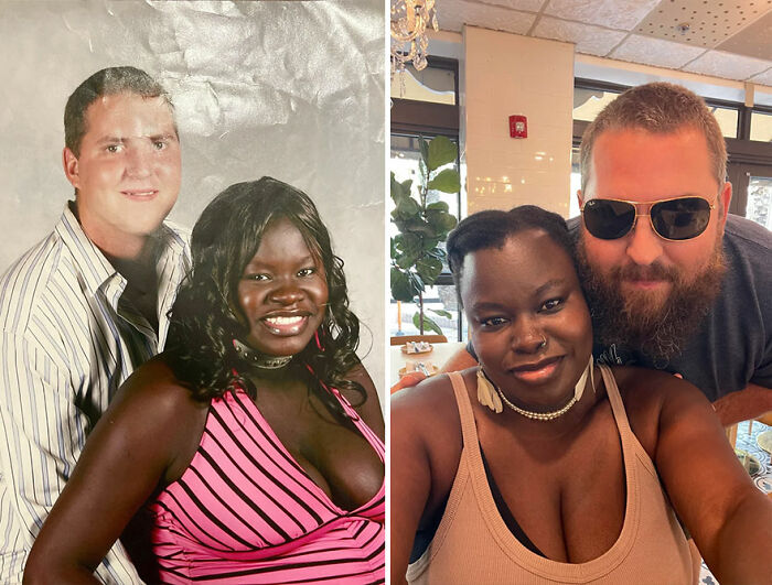 Side-by-side nostalgic then-and-now photos of a smiling couple showing how time flies in their relationship.