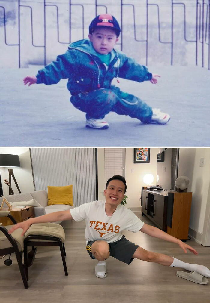 Side-by-side nostalgic then-and-now photos of a man recreating his childhood pose indoors, showing how time flies.