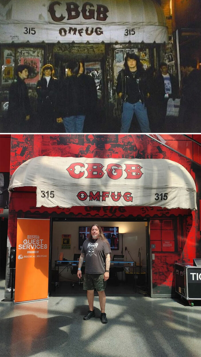 Then-and-now photos of CBGB venue showing nostalgic changes over time, capturing how time flies in this iconic location.