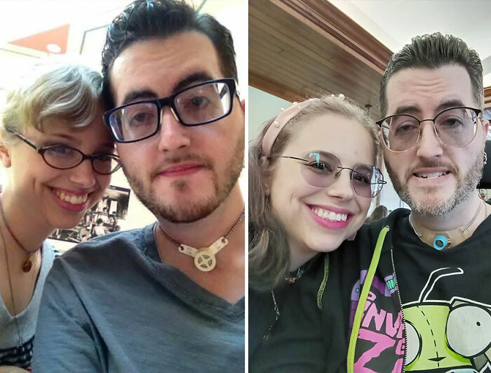 Side-by-side nostalgic then-and-now photos of a smiling couple showing how time flies and changes appearances.