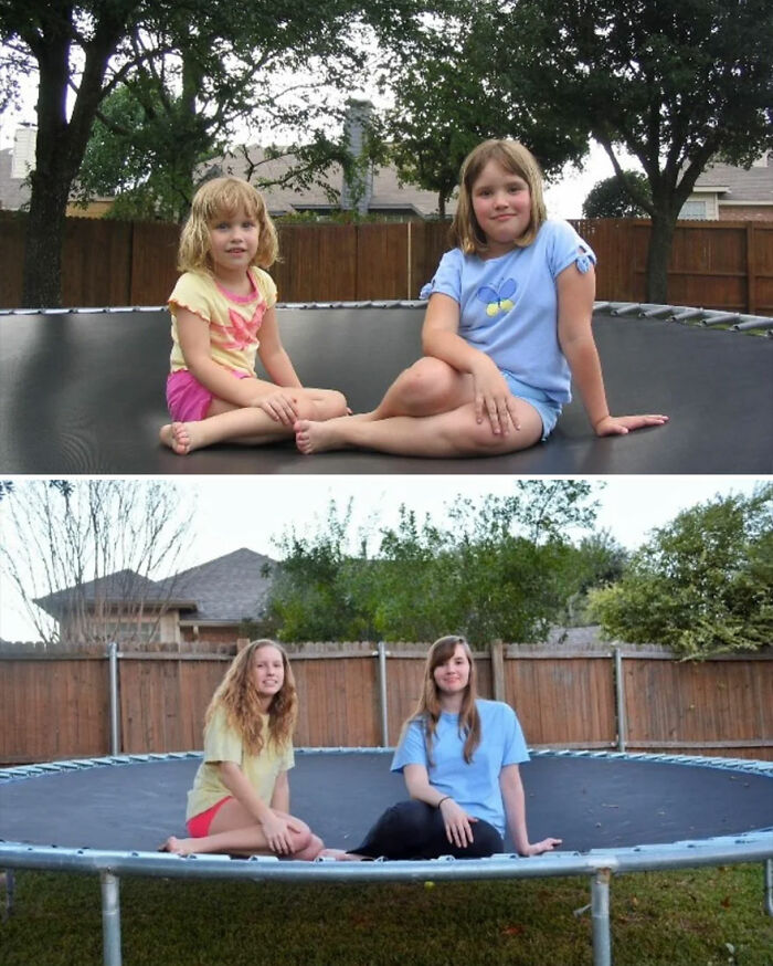Two girls sitting on a trampoline in nostalgic then-and-now photos showing how time flies in an outdoor backyard.