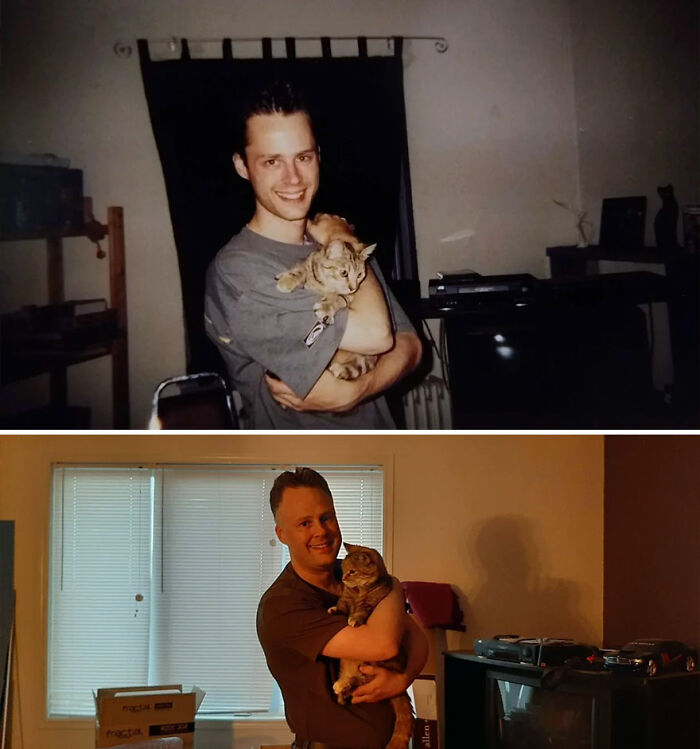 Side-by-side nostalgic then-and-now photos of a man holding the same cat, showcasing how time flies.
