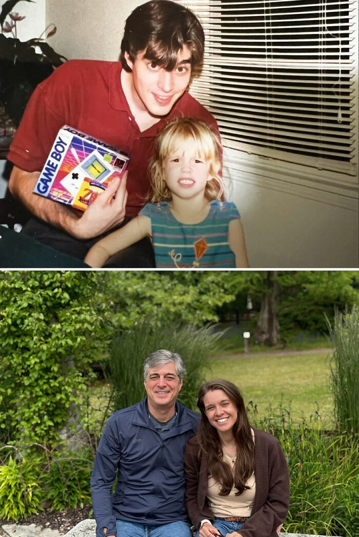 Side-by-side nostalgic then and now photos of a father and daughter showcasing how time flies across years.