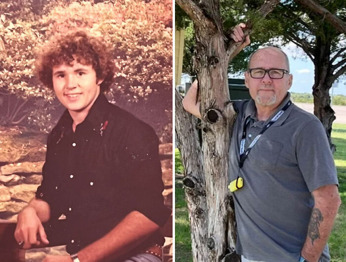 Side-by-side nostalgic then-and-now photos of a man showcasing how time flies with age and style changes.