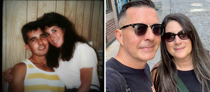 Side-by-side nostalgic then-and-now photos of a couple showing how time flies and changes with age.