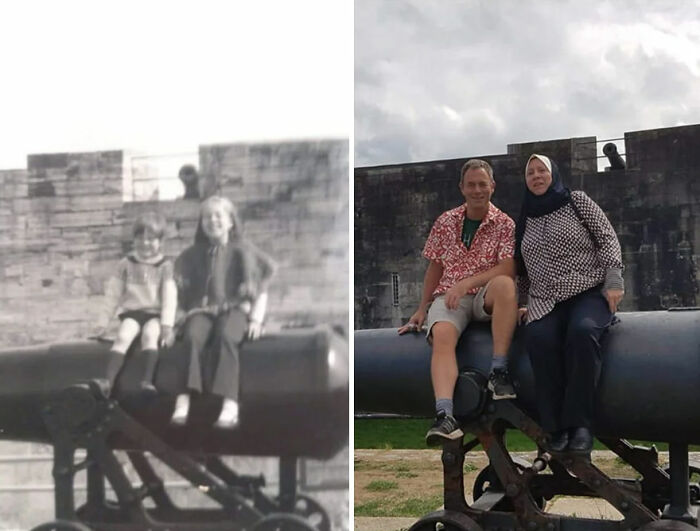 Then-and-now nostalgic photo of two people sitting on a large cannon, showing how time flies with age and change.