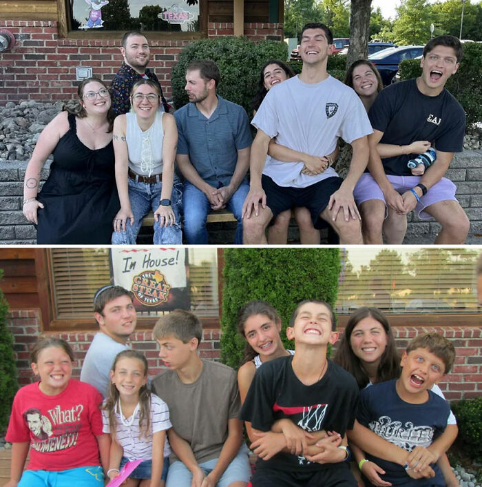Group of friends posing in then-and-now photos showing how time flies in this nostalgic online community collection